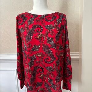 LOFT Red Paisley Print Long Sleeve Blouse